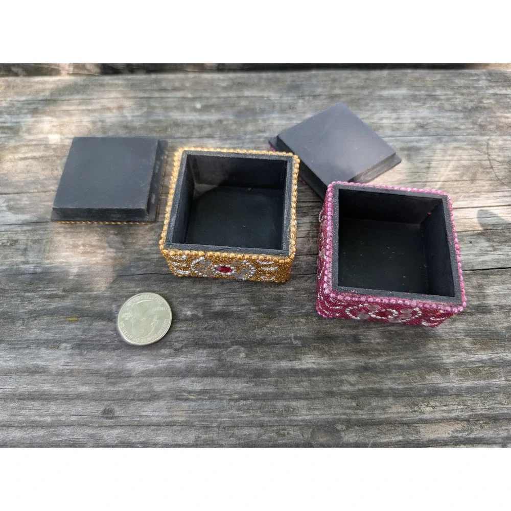 Pier 1 Beaded Trinket Boxes Set of 2 Gold Pink Rhinestone Boho Jewelry Keepsake
